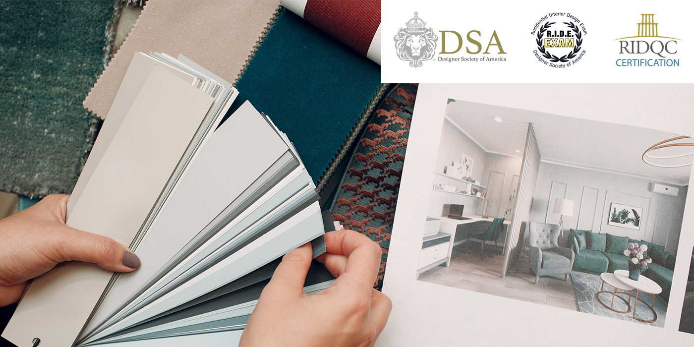 Hands flipping through paint swatches beside fabric samples and an open interior design booklet; DSA, RIDE exam, and RIDQC logos visibleProvide your feedback on BizChat