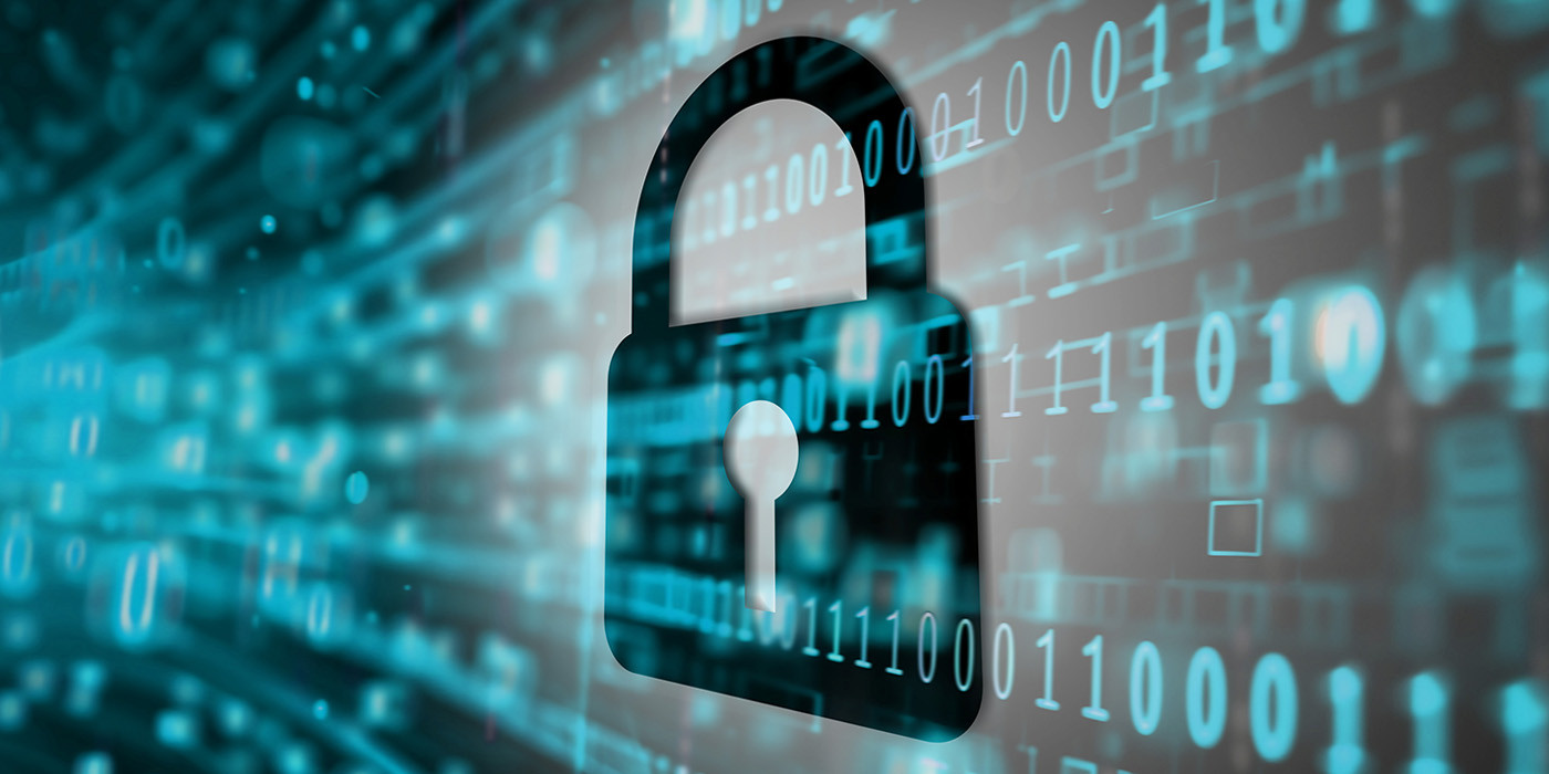 Padlock icon over a blurred background of binary code digits in teal and black tones, representing digital security and data protection
