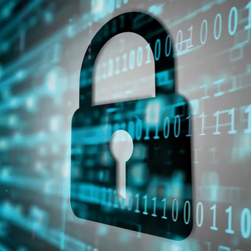 Padlock icon over a blurred background of binary code digits in teal and black tones, representing digital security and data protection